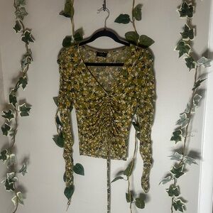 Floral Olive Ruched Blouse